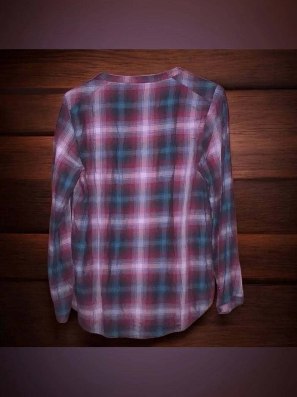 Plaid V-Neck Long Sleeve Blouse in Berry and Teal